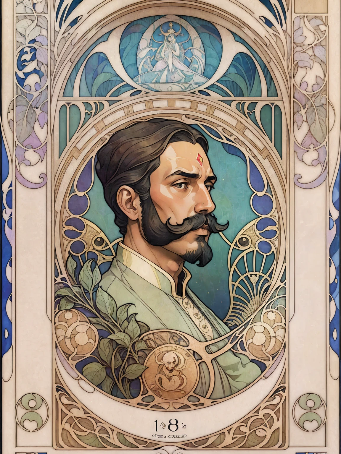 ((Art Nouveau Style)); Portrait of a Mughal Emperor with handlebar mustache; symmetrical with thick lines, Fibonacci, golden ratio, 3D metal structure tessellation, neural graphic, neurons, color, love, passion, incredibly detailed, 8k, masterpiece, artstation, surreal