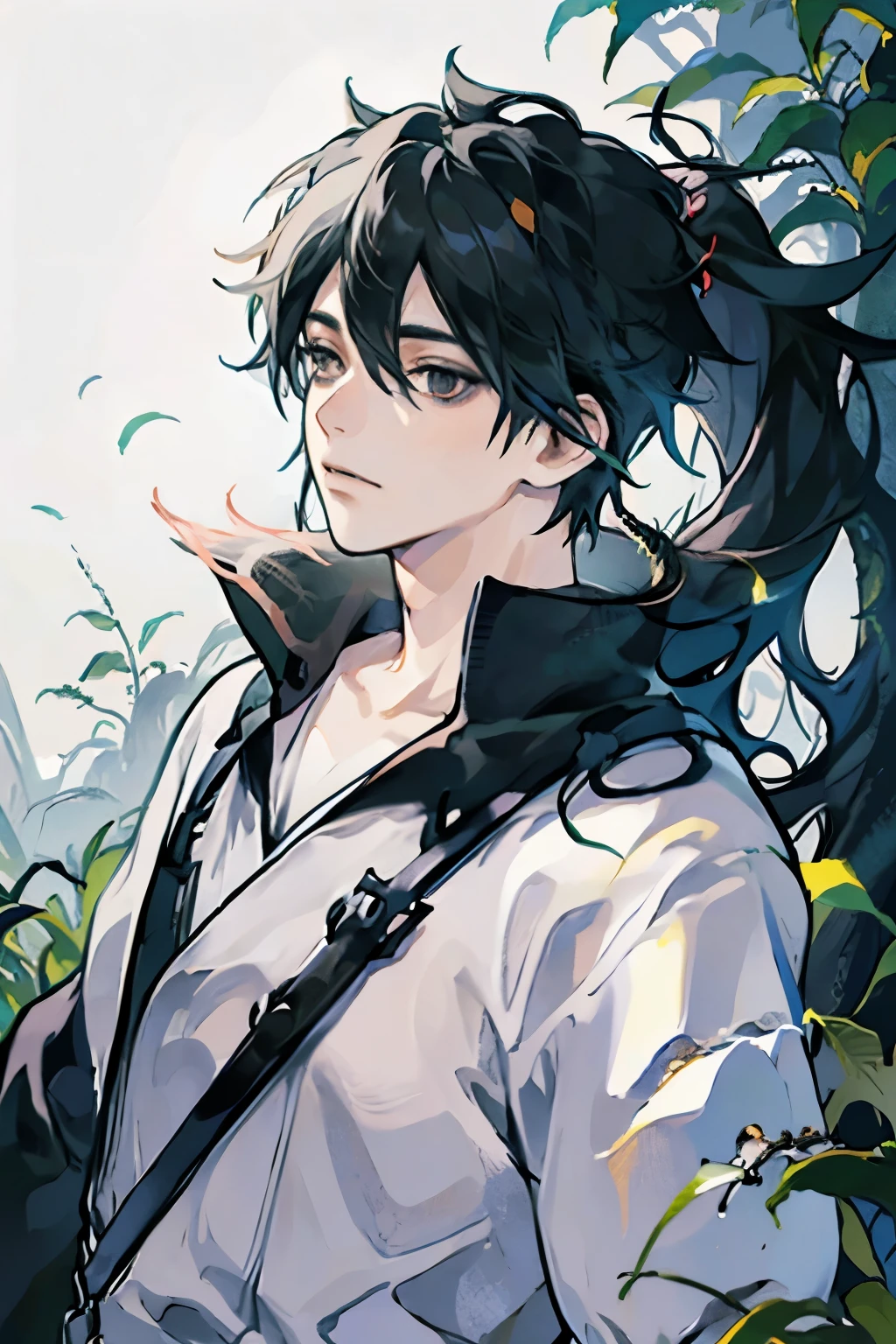 a Boy, black hair, dark black eyes, in the middle of the forest