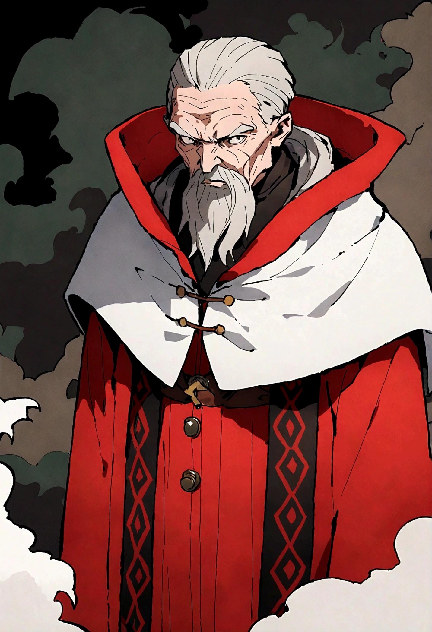 character  design，solid color backdrop，old man, red clothes, robes, Scandinavian style clothes, winter clothes, magician, mage, serious