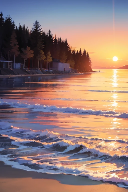 Sunset, ocean, beach (some trees in front), (Animation styles, anime setting)