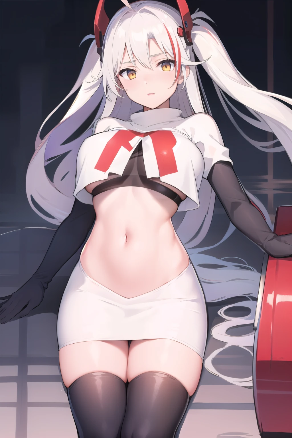 masterpiece, best quality, PrinzV4, 1girl, solo, long hair, breasts, looking at viewer, large breasts, navel, yellow eyes, white hair, red hair, multicolored hair, streaked hair, headgear, team rocket,team rocket uniform,white skirt,red letter R,crop top,black thigh-highs,black elbow gloves