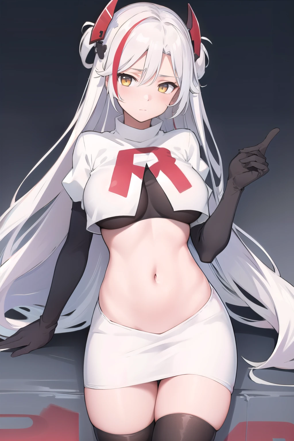 masterpiece, best quality, PrinzV4, 1girl, solo, long hair, breasts, looking at viewer, large breasts, navel, yellow eyes, white hair, red hair, multicolored hair, streaked hair, headgear, team rocket,team rocket uniform,white skirt,red letter R,crop top,black thigh-highs,black elbow gloves