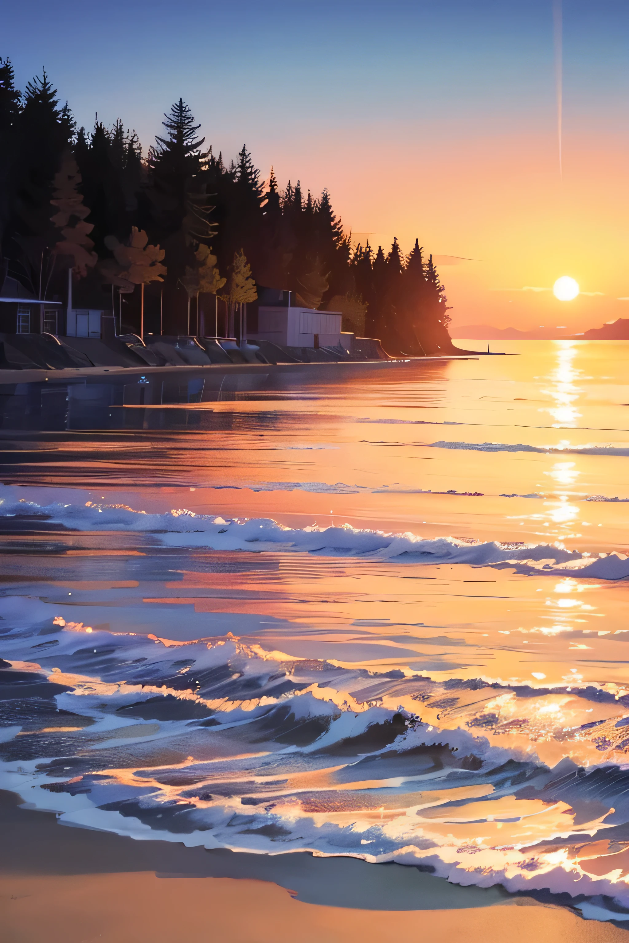 Sunset, ocean, beach (some trees in front), (Animation styles, anime setting)