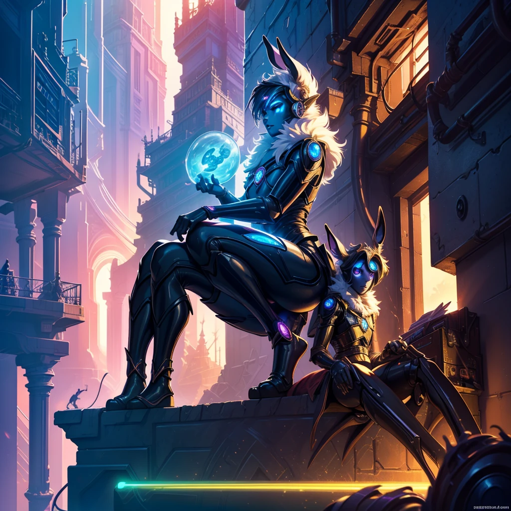 human Sorcerer secret agent, full body, wearing an elegant suit made with fine fabric and with magic circuits, holding in both hands a sword with a long handle with magical carved details glowing, whole rabbit ears, human face, glowing eyes, RPG fantasy, tanned skin, neon punk, art book, Studio ghibli, wide setting, in the middle of a magical cyber punk retro metropolis, magical light reflected in the hair and ear, aura of light, stylish pose, side view