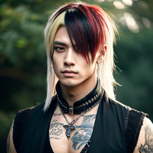 1 man, male, Japanese man, Visual Kai hairstyle, ultra detailed face and body, hyperrealistic, realistic representation, muscular, broad shoulders, tattoos gothic style, piercings, Visual Kei style, hairstyle Visual Kei, blond, long hair, 30 years old, age 30, outfit gothic streampunk, men's shirt and black pants, Asian eyes, eyes Asian, long hair, long hair