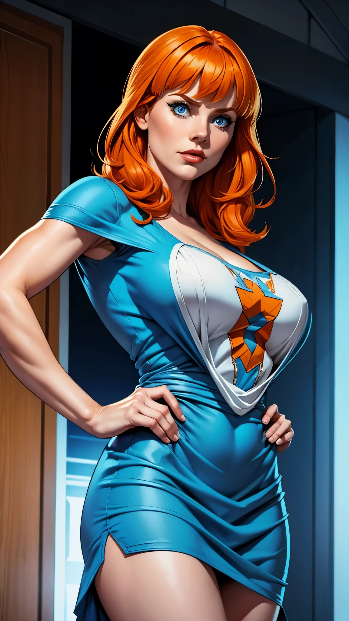 Nordic girl, white skin, medium-short height, medium orange hair, with unruly bangs. Lively and expressive blue eyes. She was wearing a elegant blue dress. busty. Comic style. Marvel comics