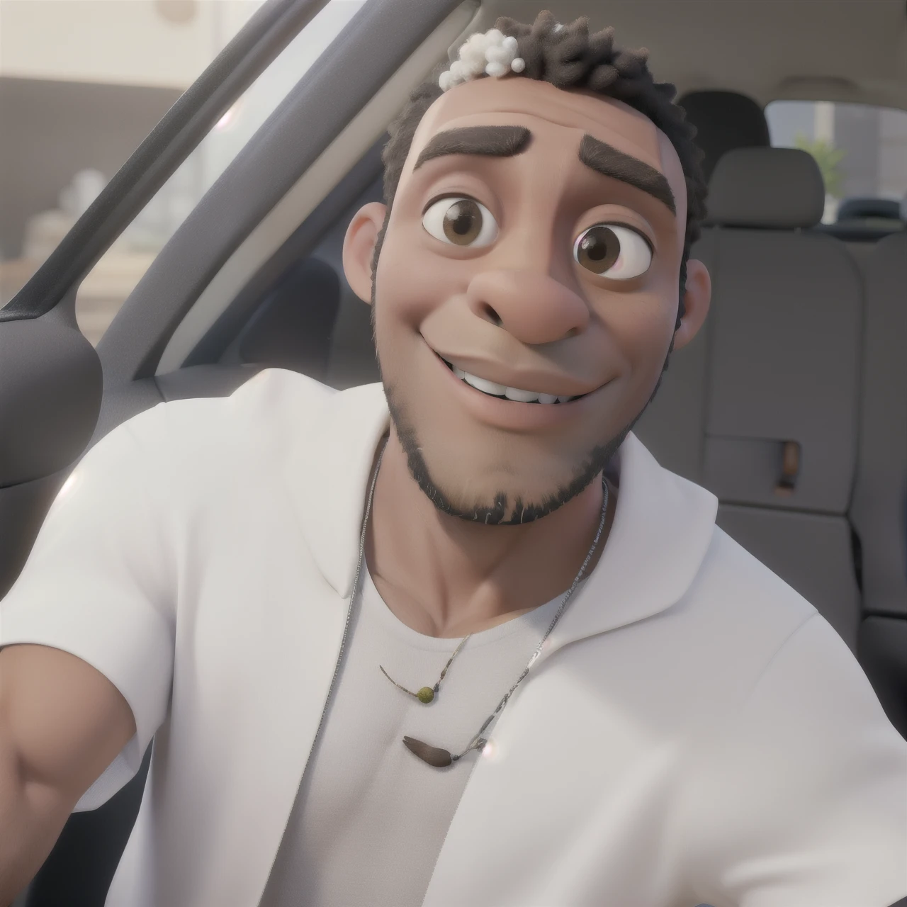 Criar um personagem 3D semelhante a imagem, homem, ?????, magrinho, sem barba, dentro do carro com camiseta branca, cabelo curto, brincos nas orelhas, sorrindo, com um pingente de colar.