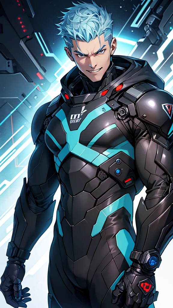 1male, mature male, (undercut), black hair, (grey eyes:1.2), [beard:stubble:0.25], smirk, black bodysuit, science fiction, sci-fi, cosmic background, (2D), anime