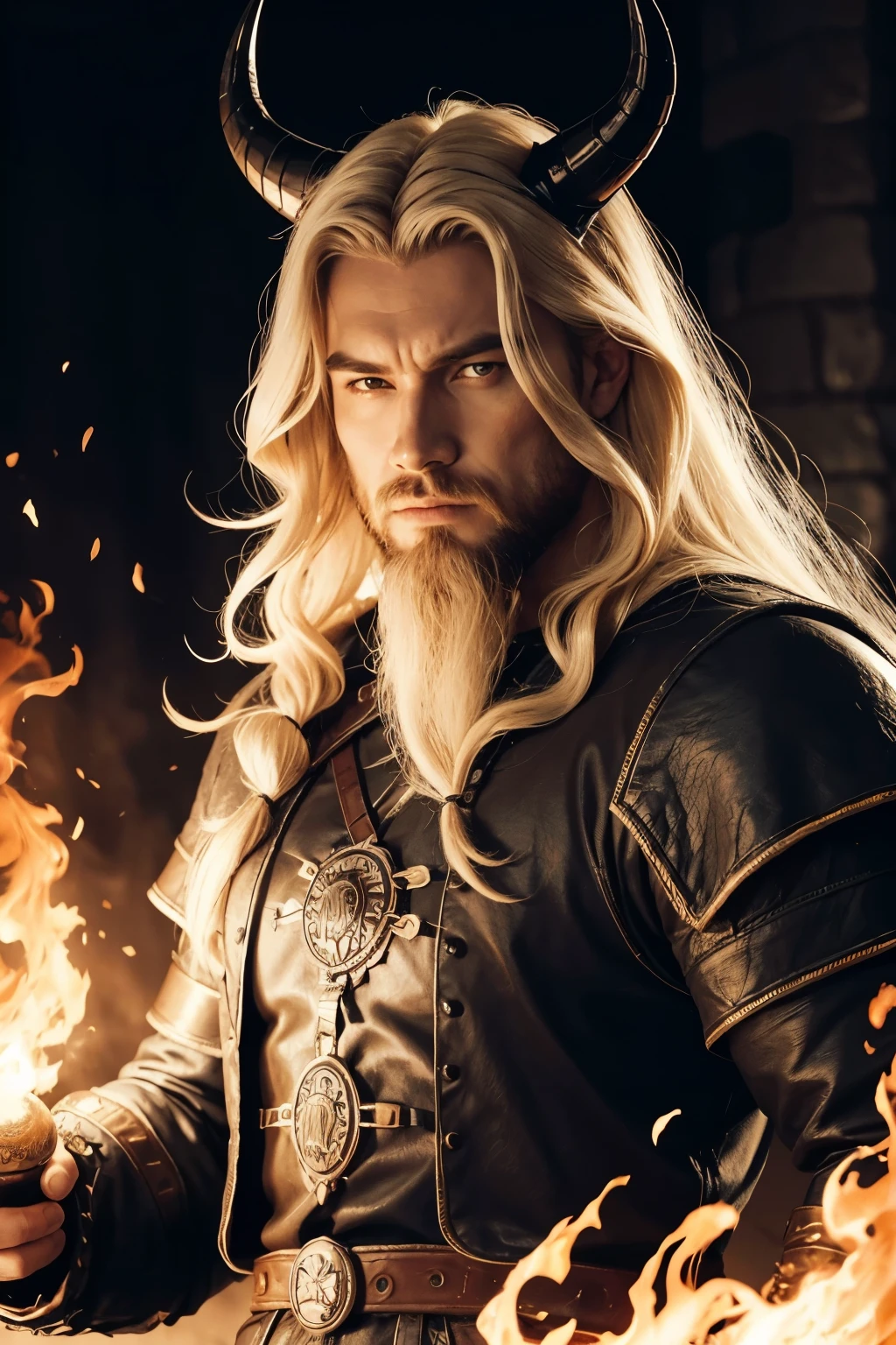 Crie uma imagem de um homem, viking, com cabelos lisos, pretos, com um rabo de cavalo. Make him a firebending wizard, muito musculoso e aterrorizador. Make him come out of a castle dominated by fire. Make him with horns coming out of his head because he has demonic features