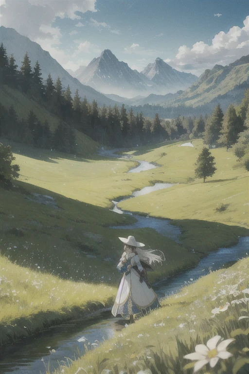 In a green meadow stands a girl leading a group of knights.
BREAK
With a brave expression, she guides them towards their destination.
BREAK
Behind her, a green forest stretches out and beyond that, mountains rise in the distance.
BREAK
The most suitable effect for this scene would be a watercolor painting technique to capture the softness of the meadow and the fluidity of the movement.