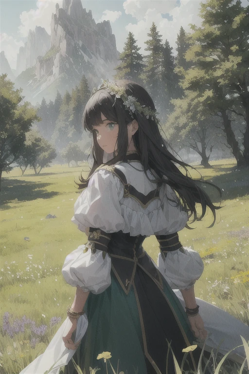 In a green meadow stands a girl leading a group of knights.
BREAK
With a brave expression, she guides them towards their destination.
BREAK
Behind her, a green forest stretches out and beyond that, mountains rise in the distance.
BREAK
The most suitable effect for this scene would be a watercolor painting technique to capture the softness of the meadow and the fluidity of the movement.