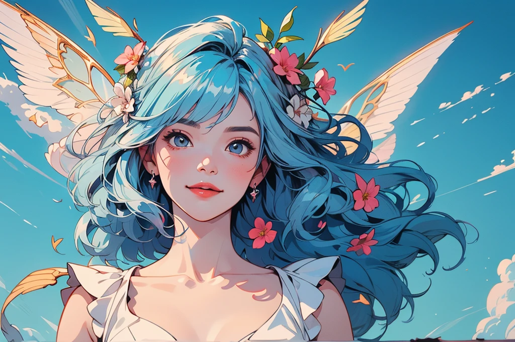 White dress, rooftop, 1 girl, full body, upper body, 1 Screen View, from below, illustration, 8K, highest quality, highly detailed, Beautiful expression, naughty, Cute face, naughty smile, (Wings are growing:1.5), (masterpiece:1.2), (Beautiful Face:1.3), (fluffy bob cut:1.1), (sky blue hair:1.4), (flower hair ornament:0.8)																