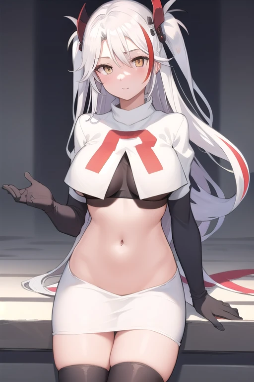masterpiece, best quality, PrinzV4, 1girl, solo, long hair, breasts, looking at viewer, large breasts, navel, yellow eyes, white hair, red hair, multicolored hair, streaked hair, headgear, team rocket,team rocket uniform,white skirt,red letter R,crop top,black thigh-highs,black elbow gloves