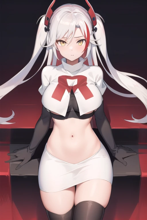 masterpiece, best quality, PrinzV4, 1girl, solo, long hair, breasts, looking at viewer, large breasts, navel, yellow eyes, white hair, red hair, multicolored hair, streaked hair, headgear, team rocket,team rocket uniform,white skirt,red letter R,crop top,black thigh-highs,black elbow gloves