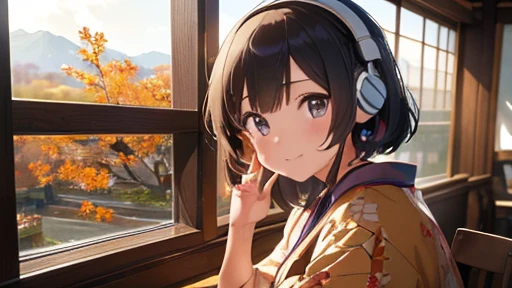((masterpiece, 最high quality, 超High resolution, High resolution)), (high quality), (Best illustrations), ((Beautiful fingers)), the 90s, (small detailed delicate face),girl, Shortcuts, cute, kimono, Japan, autumn leaves ,The best smile, Sit by the window, looking out to 山, behind you,Headphones