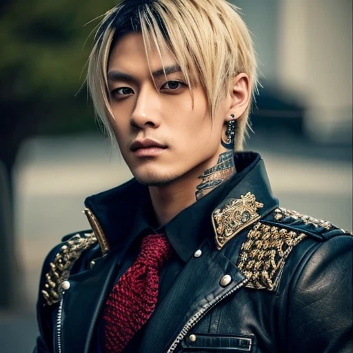1 japanese male rocker, asien eyes, Visual Kai hairstyle, ultra detailed face and body, hyperrealistic, realistic representation, muscular, broad shoulders, tattoos gothic style, piercings, Visual Kei style, hairstyle Visual Kei, blond, 30 years old, age 30, outfit gothic streampunk, men's shirt and black pants, Asian eyes, eyes Asian, long hair, long hair