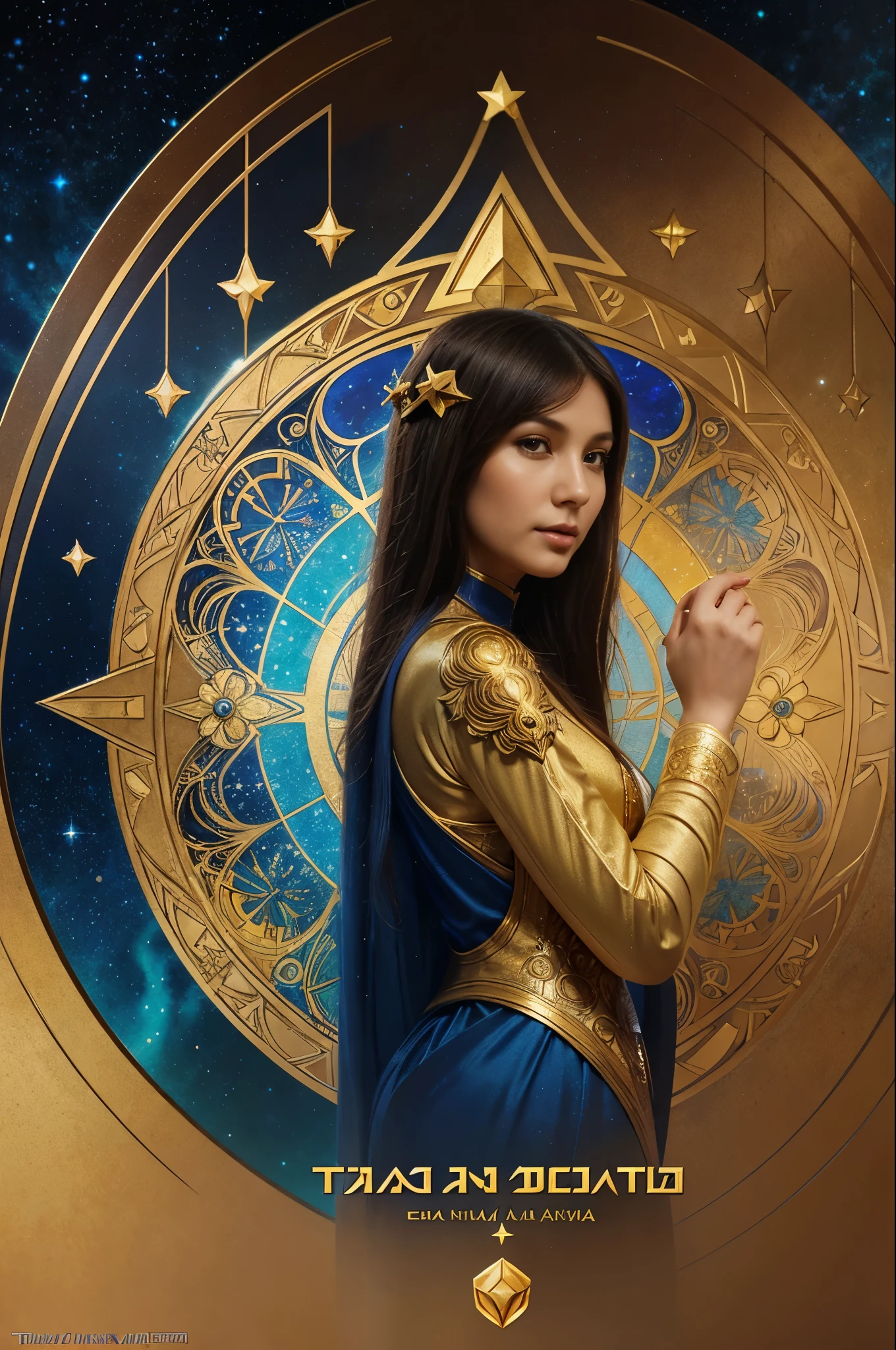 a close up of a star with a blue center and gold letters, telekinetic aura, terran trade authority, ta ha, tia masic, official artwork, by Nikola Avramov, mucha. art nouveau. gloomhaven, avatar image, profile picture 1024px, style arcane tv series, by Shen Che-Tsai