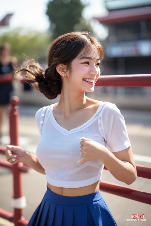 (8k、RAW Photos、highest quality、masterpiece:1.2)、(Realistic、Realistic:1.37)、dance、mini skirt、Very detailed、超A high resolution、1 girl、Cheerleader、Beautifully detailed face、Laughter、narrow、(Slim waist) :1.3)、beautifully detailed skin、Skin Texture、Floating Hair、Professional Lighting、Human whole body、Shortcuts、Braided Hairstyles、Bob Hair、E Cup、smile、20-year-old、Red ribbon、Baby Face、子供っぽいsmile、Sappin'''、Moisturizing lips、Pale pink lips、Braided Hairstyles、Lace green underwear、Micro size underwear、Umbilical cord prolapse、D cup breasts、Cleavage