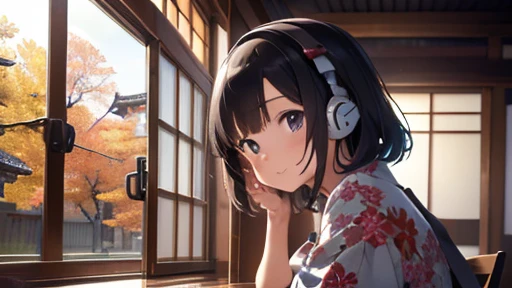 ((masterpiece, 最high quality, 超High resolution, High resolution)), (high quality), (Best illustrations), ((Beautiful fingers)), the 90s, (small detailed delicate face),girl, Shortcuts, cute, kimono, Japan, autumn leaves ,The best smile, Sit by the window, looking out to 山, behind you,Headphones