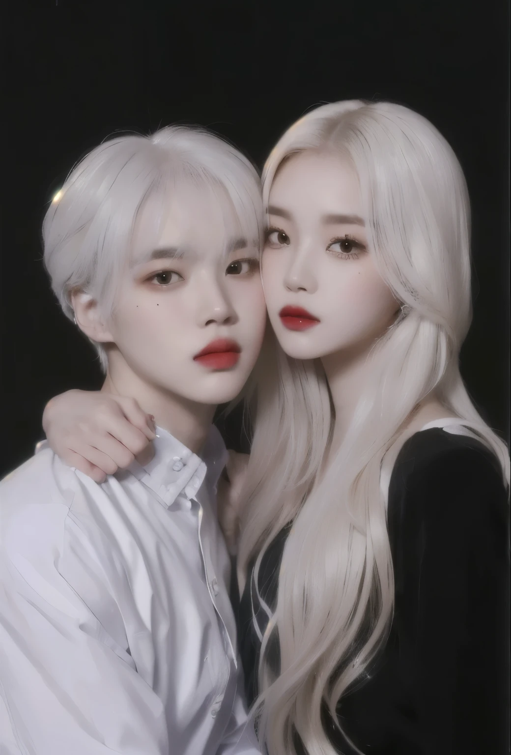 a close up of a person with a pelo blanco and a person with a red lipstick, with long pelo blanco, con el pelo largo y blanco, kim doyoung, pelo blanco color, intense pelo blanco, pelo blancoed, ulzzang, pelo blanco, de pelo blanco, silver pelo blanco, pareja adorable, nixeu y sakimichan, cloud-like pelo blanco