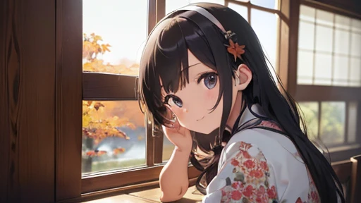 ((masterpiece, 最high quality, 超High resolution, High resolution)), (high quality), (Best illustrations), ((Beautiful fingers)), the 90s, (small detailed delicate face),girl, Shortcuts, cute, kimono, Japan, autumn leaves ,The best smile, Sit by the window, looking out to 山, behind you,Headphones