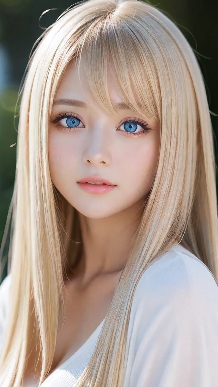 True Photo Quality、Extraordinary sexy beauty、Beautiful calm and bright expression、Sexy refreshing look、Long bangs that fall on a perfect beautiful cute face、Super long blonde straight silky hair、blonde on a beautiful face、Very cute beautiful sexy young little woman、Very perfect beautiful cute face、Beautiful bright sky blue eyes、Very big eyes、Hair above the eyes、片Hair above the eyes、Hair between the eyes、Very radiant white skin、Cheek gloss
