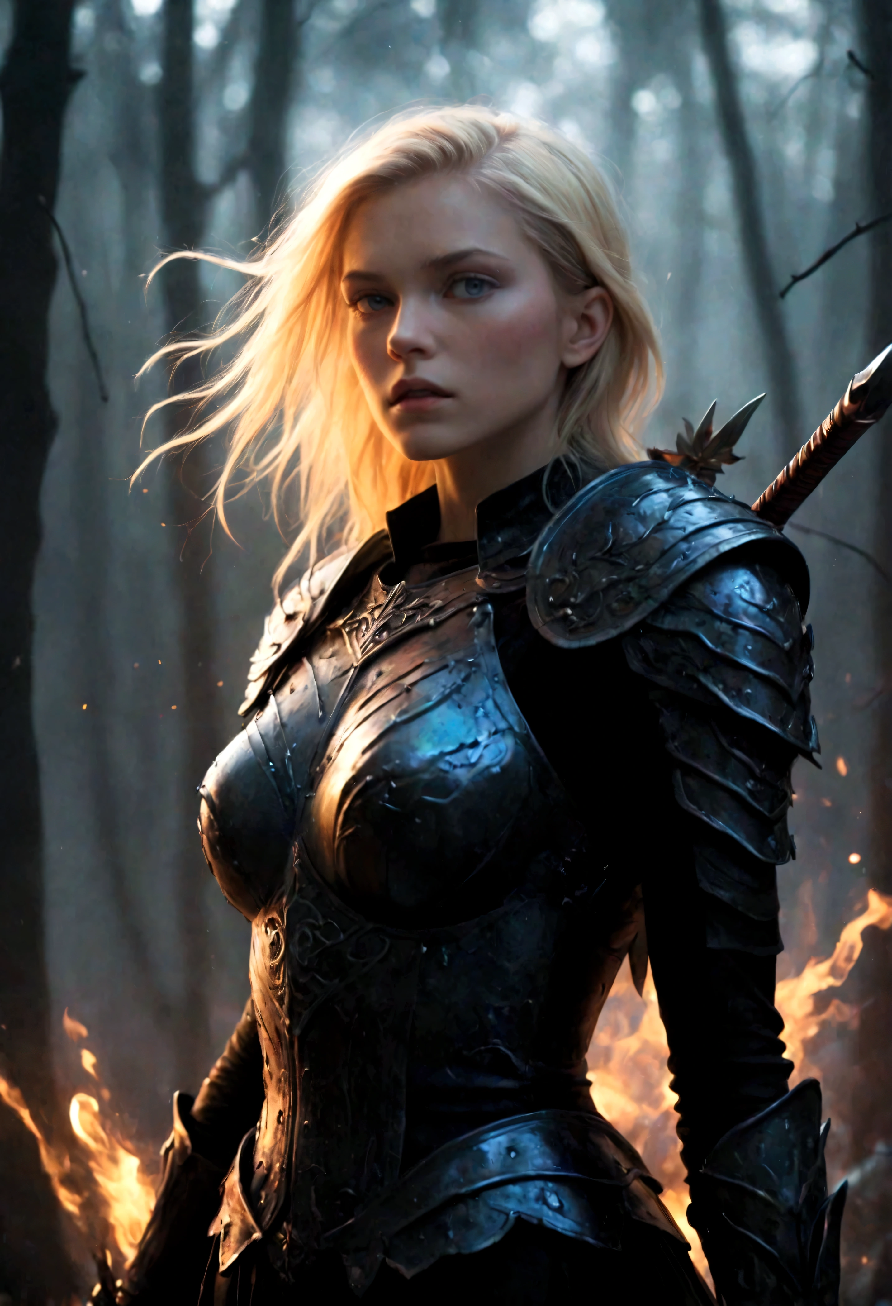 ((Masterpiece in maximum 16K resolution):1.6),((soft_color_photograpy:)1.5), ((Ultra-Detailed):1.4),((Movie-like still images and dynamic angles):1.3) | ((double contact):1.3), ((Fierce Blonde Female warrior silhoutte effect):1.2), ((Superimposed on Pretty Female):1.1)《dark forest sky》Agnes Cecile, Jeremy Mann, Oil and ink on canvas, fine dark art, super dramatic light, photoillustration, amazing depth, the ultra-detailed, iridescent black, superfluous dreams, intricately details, amazing depth, Amazing atmosphere, Mesmerizing whimsical vibrant landscapes, ((Female warrior aesthetic attire):1.2), Maximalism ((beautiful outside, Ugly inside, pressure and pain, beauty and despair, hard and soft, positive and negative, hot and cold, Sweet and sour, Vibrant but boring, Perfect harmony, light and shadows, old and young, Black and white, Corresponding color, loud and quiet, Chaos and peace, life and death):1.2) The complex masterpiece of a real-time engineering leader. | Rendered in ultra-high definition with UHD and retina quality, this masterpiece ensures anatomical correctness and textured skin with super detail. With a focus on high quality and accuracy, this award-winning portrayal captures every nuance in stunning 16k resolution, immersing viewers in its lifelike depiction. | ((perfect_composition, perfect_design, perfect_layout, perfect_detail, ultra_detailed)), ((enhance_all, fix_everything)), More Detail, Enhance.