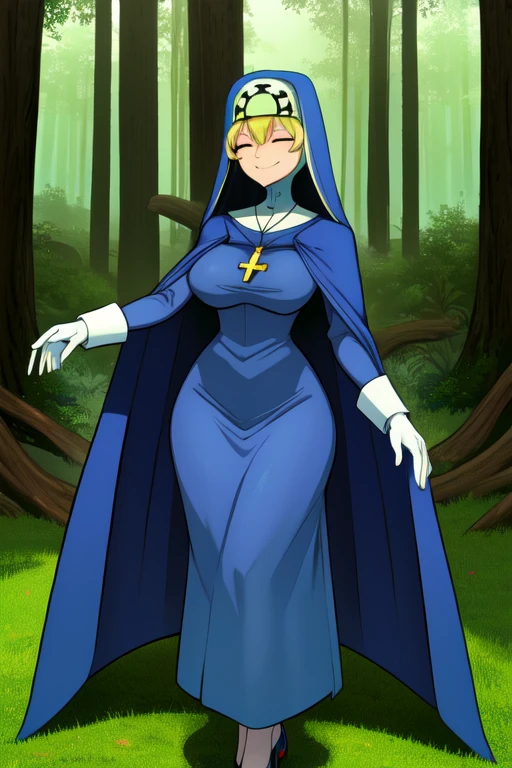 Double, short blonde hair, medium breasts, solo, smiling, cowboy shot, closed eyes, 
 blue habit, cross necklace ,white gloves, long sleeves, nun, long skirts, cloak, cape, full body view 
(insanely detailed, beautiful detailed face,beautiful detailed eyes, masterpiece, best quality) forest 
   