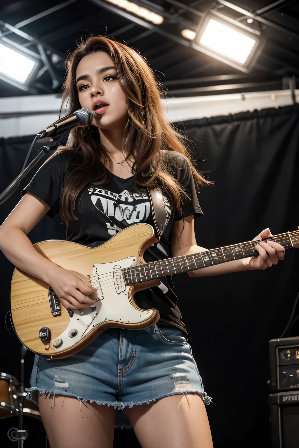 (only one girl)), ((one girl)), Hanna, a 21 year old girl, 1.70 meters tall, weighs 49 kg, has very long and straight dark purple hair, has big green eyes, wears gold earrings and bracelets, always has a smartwatch on wrist, (1 girl), solo, (looking at spectators), (mouth closed: 1.2), ((dramatic light)), black skirt, blue eyes, (((colorful electric guitar))), headphones, holding plectrum, instrument, music, one side facing up, playing guitar, pleated skirt, black shirt, interior ((caustic)), dynamic angle, whole body, cowboy shot, (( hands on legs)), ultra realistic style, (seed 3978045937)