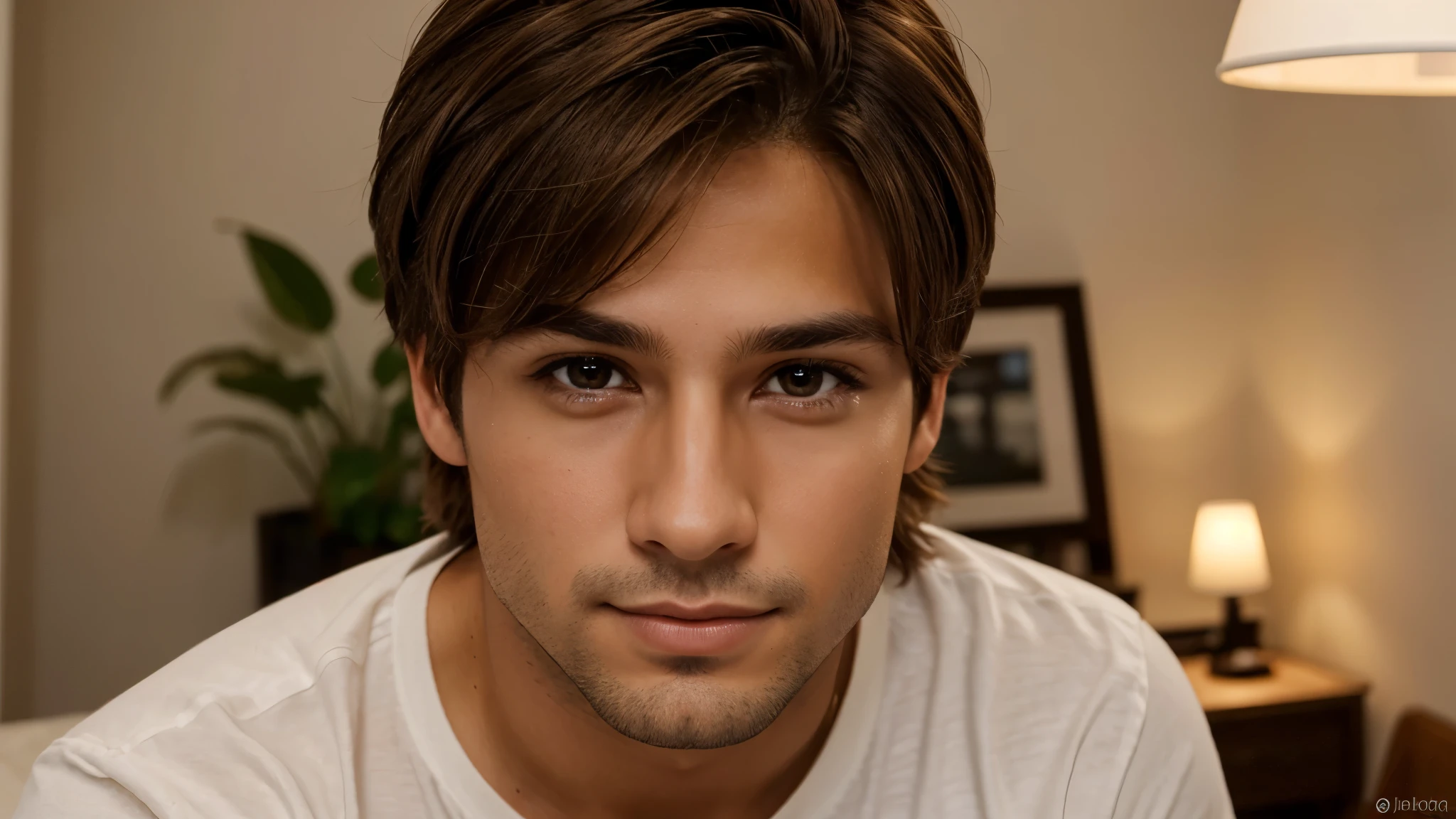 26 year old man , light shade with light brown hair, Brown eyes, mirada sexy y seria. Que sea solo una imagen de rostro completo, para usar en un amigen de perfil