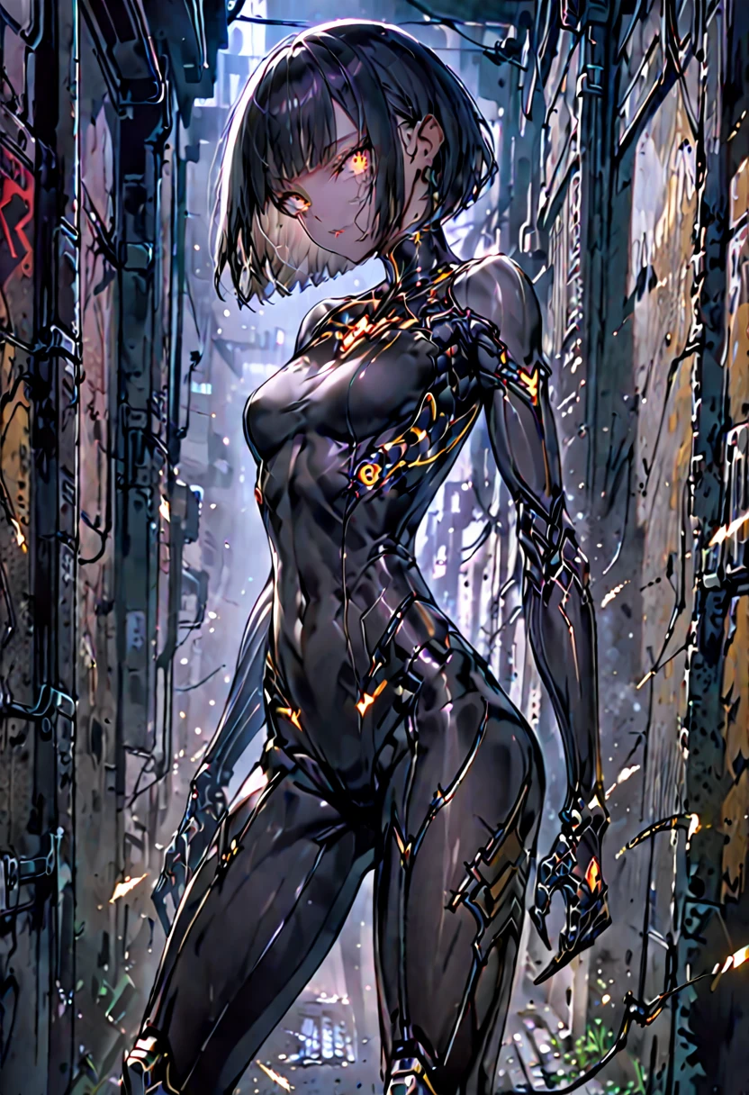 solo, female, sfw, Black hair, sleek and straight hair, chin-length bob cut, slightly tousled bangs framing her face, edges of her hair are subtly infused with metallic threads, shimmering hair, slit pupils, amber-gold iris, augmented eyes, Smooth skin, tan, faint silvery veins visible just beneath the surface of her skin, skin illuminated from within, Lean, athletic, long limbs, arachnid mechanical legs, confident stance, mechanical legs jutting from behind her back, small glowing nodes scattered across her, cybernetic enhancements, medium shot, alleyway, dark