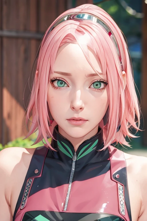 young woman, pale skin, short bubblegum pink hair, wide forehead, emerald green eyes, buttoned nose, peach lips, heart-shaped face, slender, red clothes, Sakura Haruno, 3d, realism, angelic face, maya in net
