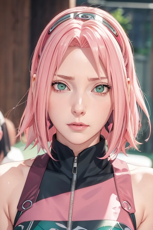 young woman, pale skin, short bubblegum pink hair, wide forehead, emerald green eyes, buttoned nose, peach lips, heart-shaped face, slender, red clothes, Sakura Haruno, 3d, realism, angelic face, maya in net
