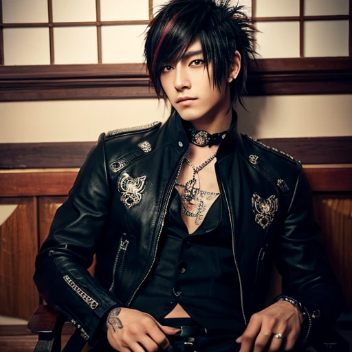 1 japanese male rocker, asien eyes, Visual Kai hairstyle, ultra detailed face and body, hyperrealistic, realistic representation, muscular, broad shoulders, tattoos gothic style, piercings, Visual Kei style, hairstyle Visual Kei, blond, 30 years old, age 30, outfit gothic streampunk, men's shirt and black pants, Asian eyes, eyes Asian, long hair, long hair