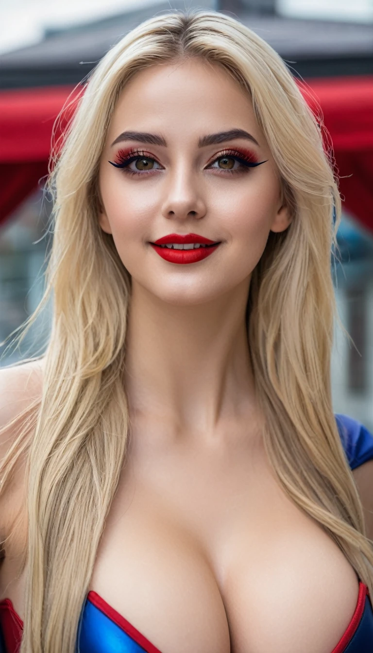 hyperrealistic beautiful busty 19-year-old woman with long legs wearing female superhero cosplay outfit, model shooting full body photography, bleached blonde very long straight hair, soaky wet skin, dark eye makeup with eyeliner, seductive smile, red lips, 8K, Best quality, Meisterwerk, ultra high resolution, (Realismus: 1.4), Originalfoto, (realistische Hautstruktur: 1.3), (Filmkorn: 1.3), (Selfie-Winkel), 1 girl, Beautiful round hazel eyes and facial details, Meisterwerk, Best quality, outdoor photography, nsfw