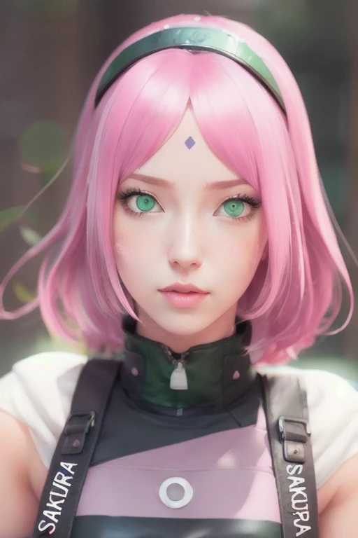 young woman, pale skin, short bubblegum pink hair, wide forehead, emerald green eyes, buttoned nose, peach lips, heart-shaped face, slender, red clothes, Sakura Haruno, 3d, realism, angelic face, maya in net
