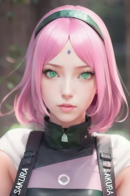 young woman, pale skin, short bubblegum pink hair, wide forehead, emerald green eyes, buttoned nose, peach lips, heart-shaped face, slender, red clothes, Sakura Haruno, 3d, realism, angelic face, maya in net
