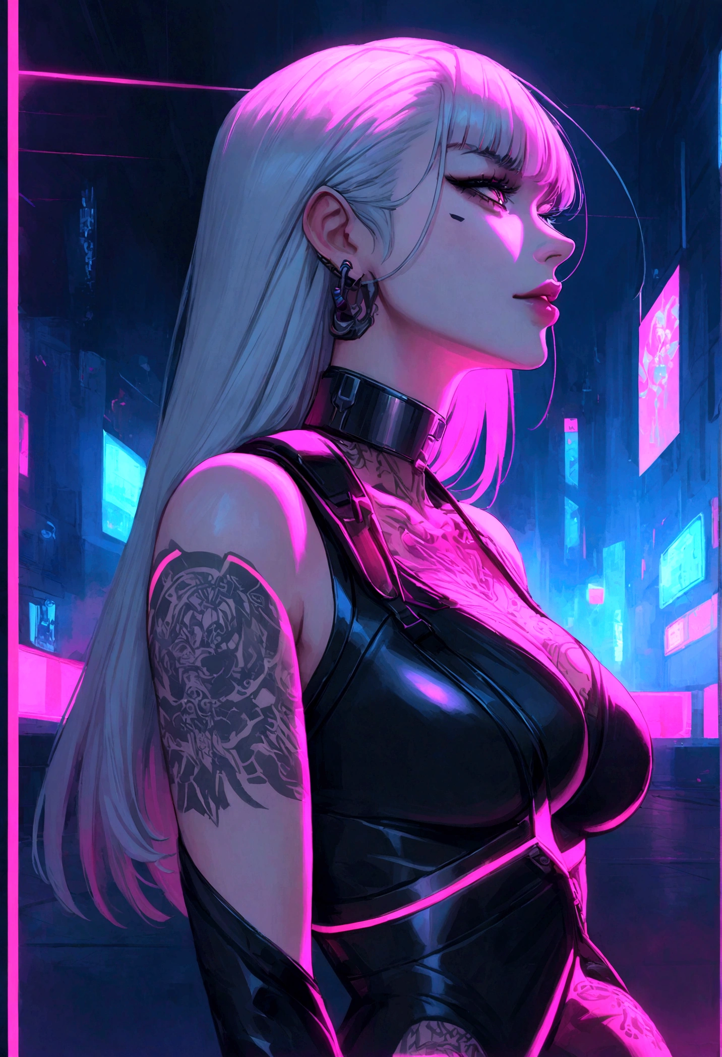cyberpunk girl, Stadtbild, Neonlichter, Arm-Tattoos