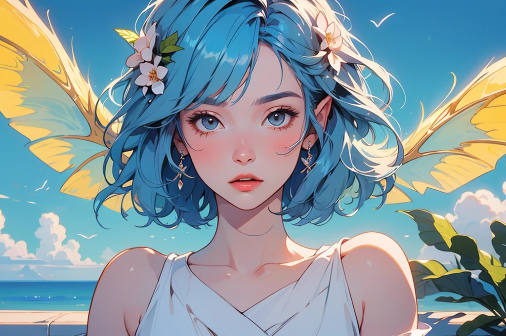 rooftop, cloud, null, 1 girl, illustration, 8K, highest quality, highly detailed, Beautiful expression, naughty, Cute face, grin, (Wings are growing:1.5), (1 Screen View:1.1), (masterpiece:1.2), (fluffy bob cut:1.1), (sky blue hair:1.4), (flower hair ornament:0.8)																