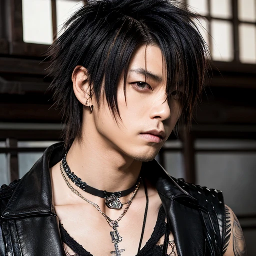 1 japanese male rocker, asien eyes, Visual Kai hairstyle, ultra detailed face and body, hyperrealistic, realistic representation, muscular, broad shoulders, tattoos gothic style, piercings, Visual Kei style, hairstyle Visual Kei, blond, 30 years old, age 30, outfit gothic streampunk, men's shirt and black pants, Asian eyes, eyes Asian, long hair, long hair