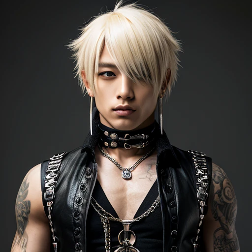 1 japanese male rocker, asien eyes, Visual Kai hairstyle, ultra detailed face and body, hyperrealistic, realistic representation, muscular, broad shoulders, tattoos gothic style, piercings, Visual Kei style, hairstyle Visual Kei, blond, 30 years old, age 30, outfit gothic streampunk, men's shirt and black pants, Asian eyes, eyes Asian, long hair, long hair