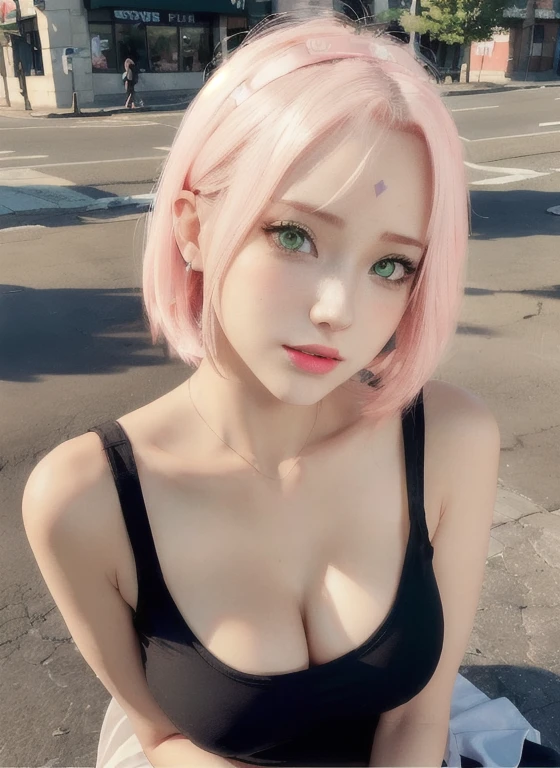 young woman, pale skin, short bubblegum pink hair, wide forehead, emerald green eyes, buttoned nose, peach lips, heart-shaped face, slender, red clothes, Sakura Haruno, 3d, realism, angelic face, maya in net