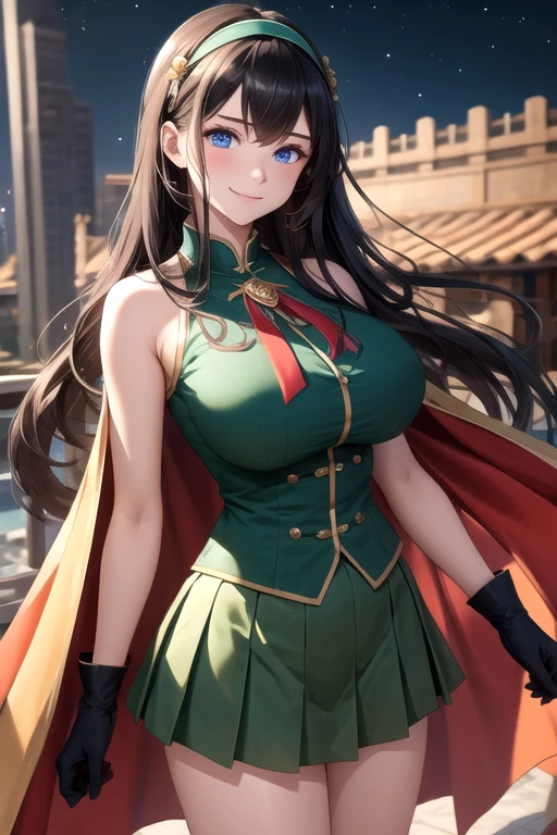 (masterpiece:1.3),(best quality:1.1),1girl,high quality,highres,absurdres,textless version,huge breasts,narrow waist,solo,cape, looking at viewer,sagging breasts,Industrial wind,Chinese architecture,full_shot,night,night sky,LoPoBiaElaine,1girl,solo,very long hair,blue eyes,pleated skirt,miniskirt,green shirt,black hair,green gloves,bare shoulders,hairband,sleeveless,brooch,green skirt,seductive smile,open clothes,