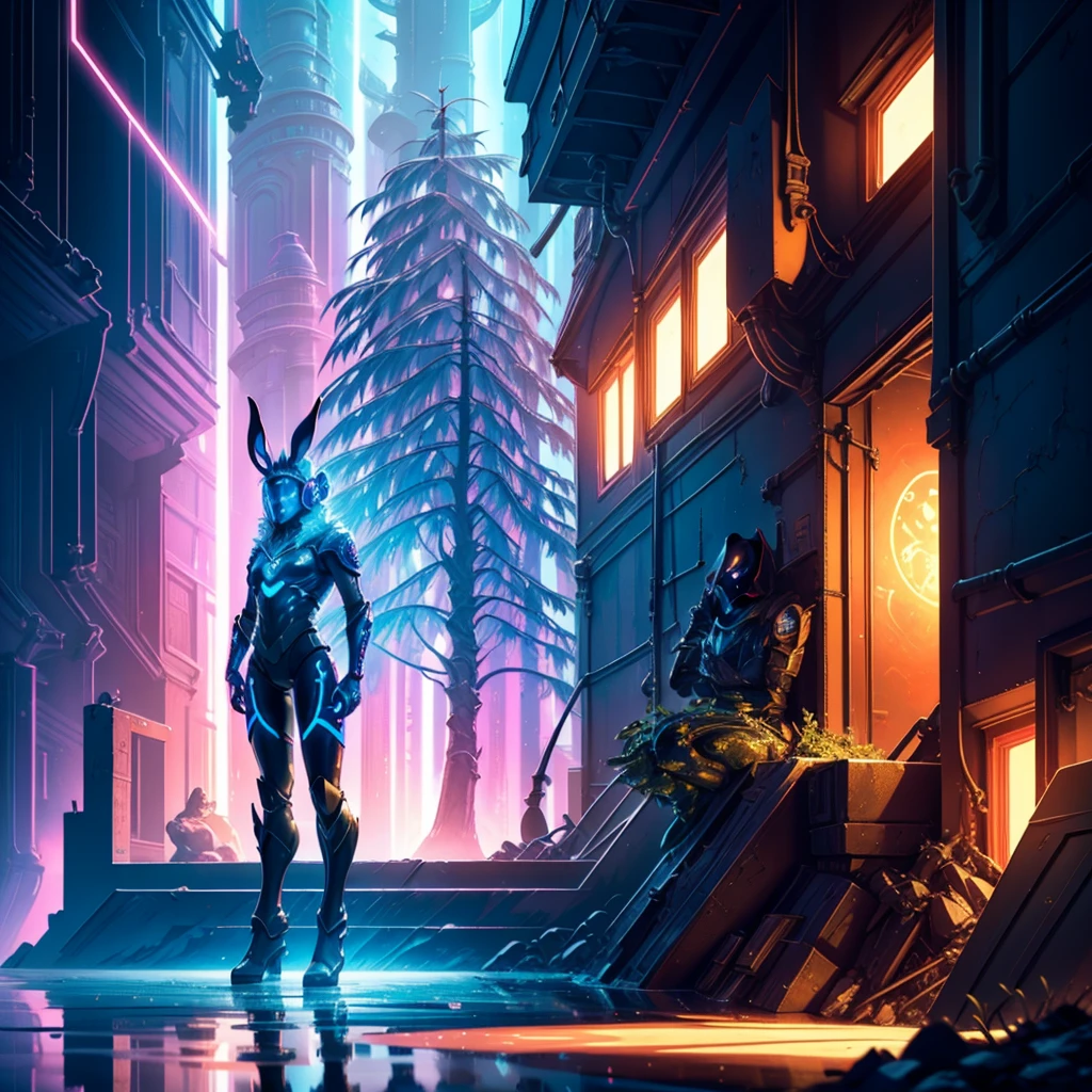 a person in a suit with a dagger with glowing magical carvings, chipped ice colored reflected armor, energy suit, sci-fi skin, blue silver and ice colored armor, this character has cryokinesis, space armor, ultra detailed texture, hyper realistic, Artwork, detailed texture, Detailed lighting, beautiful lighting, Cinematic lighting, extremely detailed, fine details, ultra-detailed, whole rabbit ears, human face, glowing eyes, RPG fantasy, tanned skin, neon punk, art book, Studio ghibli, wide setting, in the middle of a magical cyber punk retro metropolis, magical light reflected in the hair and ear, aura of light, stylish pose, side view