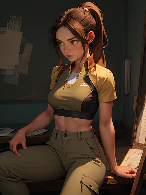 ink painting style, sketch, dynamic image of a female athlete with medium breasts and a toned body, very tousled dark brown tousled long hair tied in a ponytail, golden brown eyes, calm, calculating look, wearing an almost transparent khaki racer top over her bare chest(nipple contour:0.9), military-style trousers with patch pockets and massive high infantry boots, A play of chiaroscuro