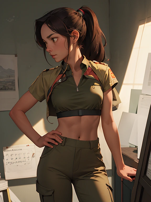 ink painting style, sketch, dynamic image of a female athlete with medium breasts and a toned body, very tousled dark brown tousled long hair tied in a ponytail, golden brown eyes, calm, calculating look, wearing an almost transparent khaki racer top over her bare chest(nipple contour:0.9), military-style trousers with patch pockets and massive high infantry boots, A play of chiaroscuro