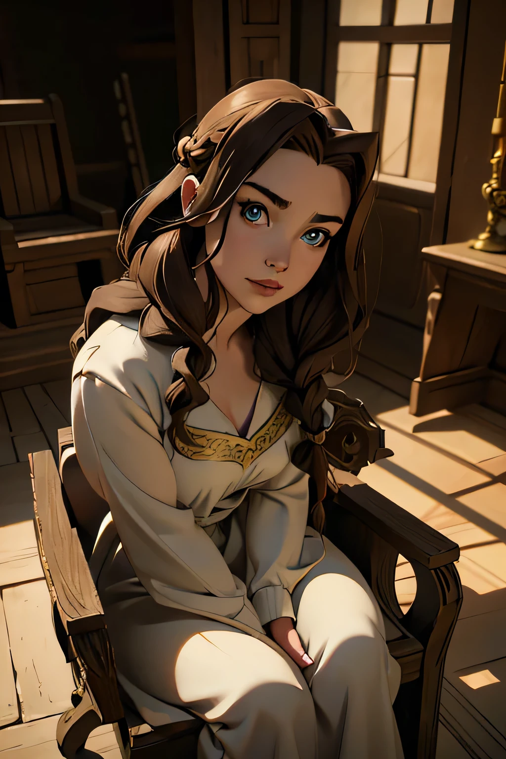 solo, medieval character concept art, ((masterpiece)),((high resolution)),((best quality)), extremely fine and beautiful, super fine illustration, (realistic skin), (insanely detailed anime eyes), mature, vivid and beautiful, shocking sensation, incredibly detailed, beautiful detailed girl, sly smile, (small supple breasts:1.0), front view, facing at viewer, (long cotton dress:1.0) ((brown hair)), (very long braided hair), (plump thighs:0.6), (wide hips:0.6), movie lighting, weighted shadows, weighted hair, realistic physics, perfect shadow, realistic lighting shaded, medieval throne room scenery