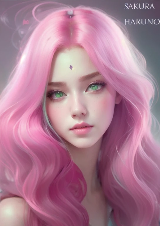 young woman, pale skin, short bubblegum pink hair, wide forehead, emerald green eyes, buttoned nose, peach lips, heart-shaped face, slender, red clothes, Sakura Haruno, 3d, realism, angelic face, maya in net
