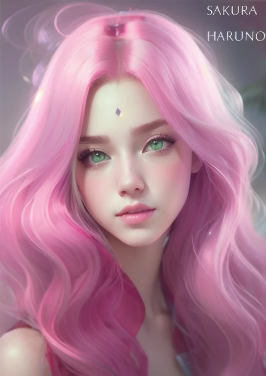 young woman, pale skin, short bubblegum pink hair, wide forehead, emerald green eyes, buttoned nose, peach lips, heart-shaped face, slender, red clothes, Sakura Haruno, 3d, realism, angelic face, maya in net
