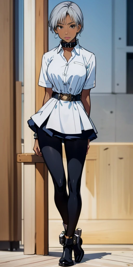(Masterpiece, best quality, intricate details, 1sologirl) iron collar, arms behind back, iron cuffs, shackles, leather collar choker neck bell, bound ((standing by wooden pole:1.2)) ((female Black Dark skin Gyaru)) show entire body frontal position, feet in view, realistic, gorgeous 16y.o. darkest skinned mixed race female, black African, transparent black pantyhose, legs open, museum,barefoot no shoes, looking to viewer straight symmetrical, white silver long hair